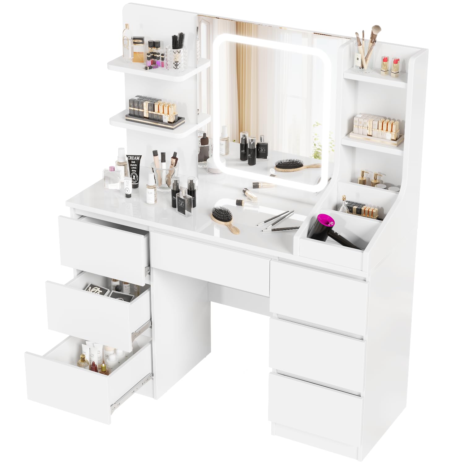 glamora toeletta 7-in-1 con specchio led & scomparti nascosti